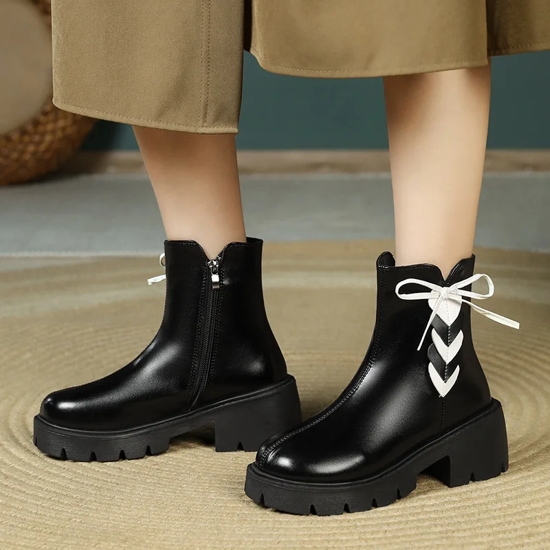 

Женские ботинки на толстой подошве BCEBYL, модные рыцарские ботинки с круглым носком, на массивном каблуке, с боковой молнией и бантом, коротки...