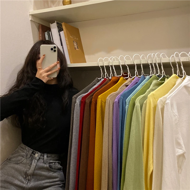 

Daily Must-have White T-shirt Half Turtleneck Solid Color Bottoming Shirt Knitwear Basic Solid Color Long Sleeve Top