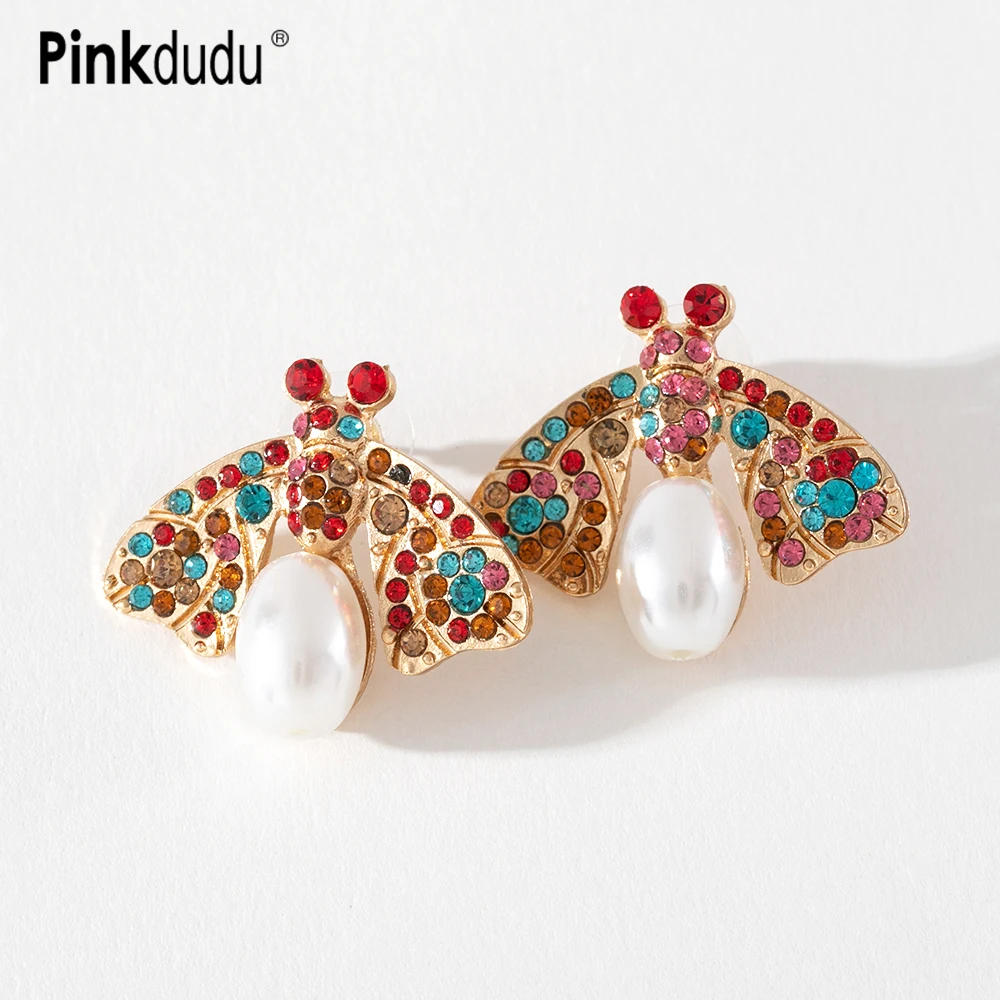 

Pinkdudu Multicolor Bee Stud Earrings for Women Cute Imitation Pearl Rhinestone 3 Color Insect Office Party Earring Gifts PD039