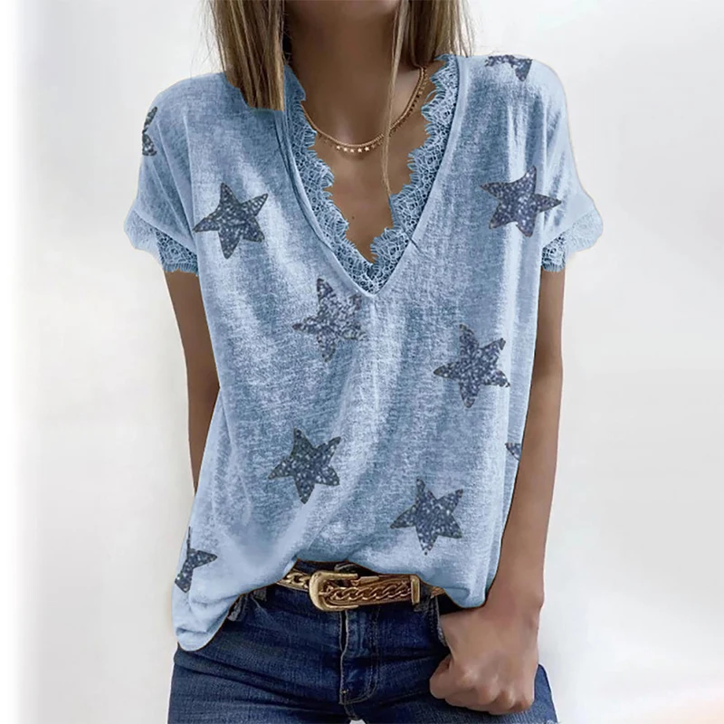 Summer Fashion Lace Patchwork Deep V Neck Short Sleeve T Shirt Women Stars Printing Loose Plus Size Streetwear Tops Tee Shirts
Summer Fashion Lace Patchwork Deep V Neck Short Sleeve T Shirt Women Stars Printing Loose Plus Size Streetwear Tops Tee Shirts