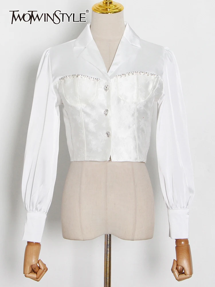 TWOTWINSTYLE Solid Casual Shirt For Women Lapel Collar Puff Sleeve Patchwork High Waist Slimming Shirts Female 2022 Spring Style
TWOTWINSTYLE Solid Casual Shirt For Women Lapel Collar Puff Sleeve Patchwork High Waist Slimming Shirts Female 2022 Spring Style