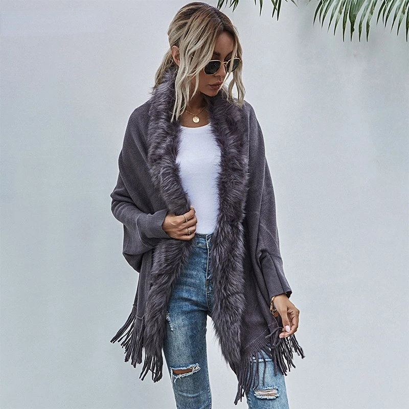 

Fur Collar Winter Shawls Knitted Fringe Sweater Ponchos Elegant Batwing Sleeve Long Cardigan Casual Fashion Houndstooth Cloak