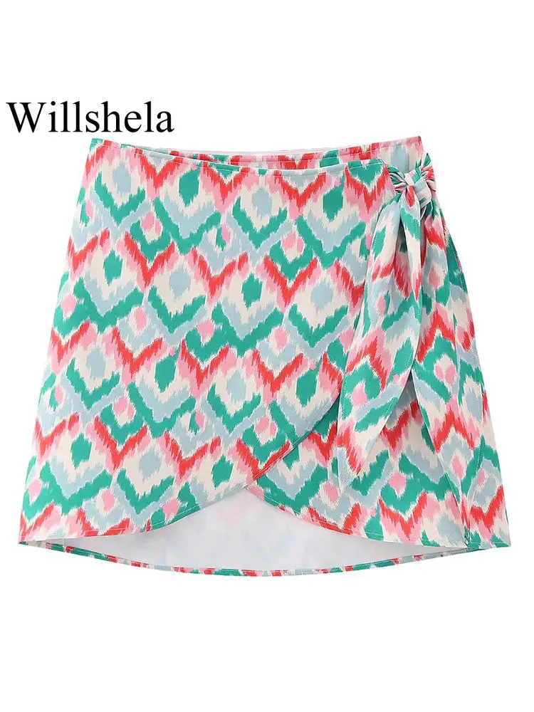 

Willshela Женская мода с принтом бандажная мини-юбка с разрезом спереди винтажная высокая эластичная талия Женская шикарная Женская юбка
