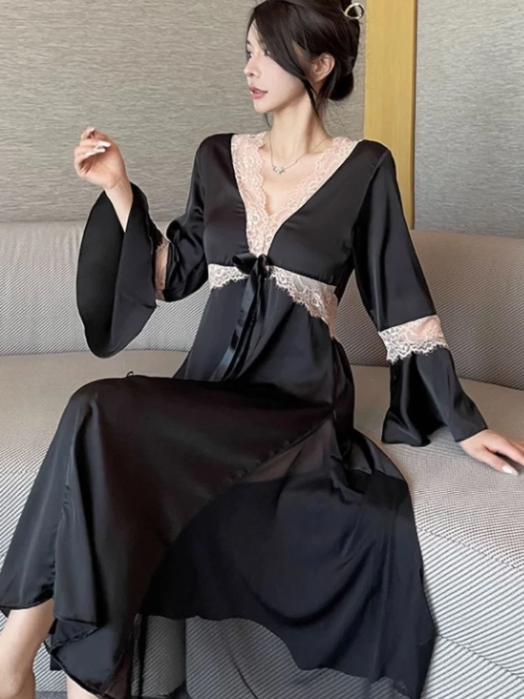 

Ночная рубашка женская во французском стиле, мягкая классическая Удобная Ночная сорочка с V-образным вырезом и кружевом в стиле пэчворк, Повседневная Свободная нижняя одежда