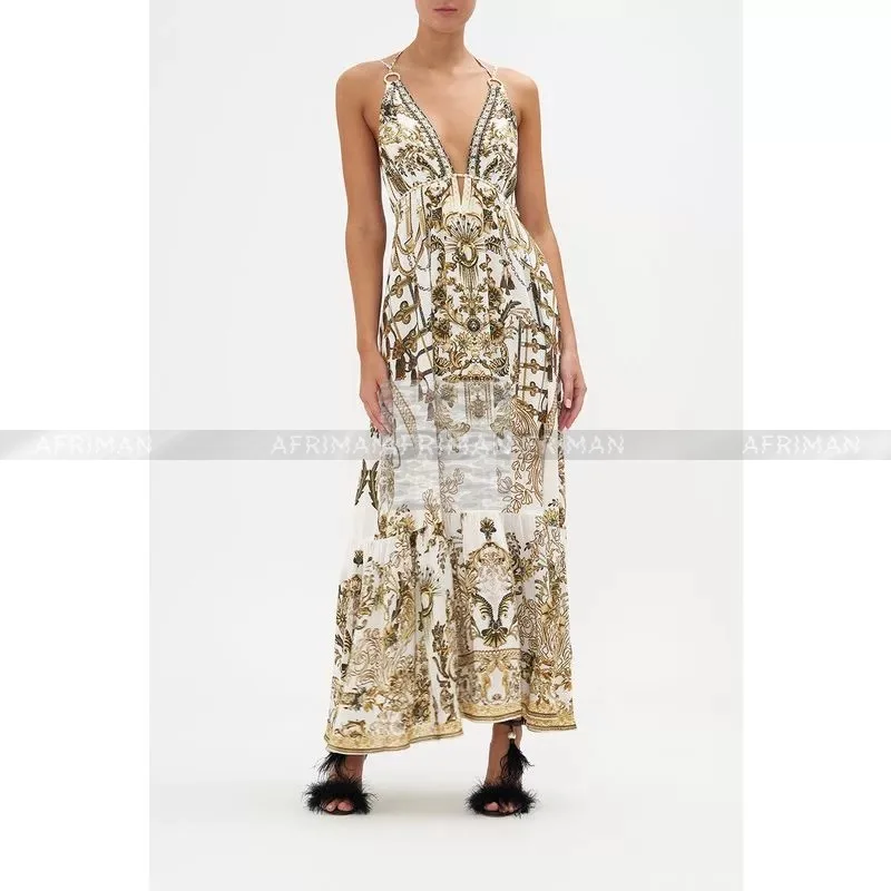 Women Bohemian Style Sexy Strapless V Neck Heavy Beaded Retro Print Maxi Long Silk Sling Dress
Women Bohemian Style Sexy Strapless V Neck Heavy Beaded Retro Print Maxi Long Silk Sling Dress