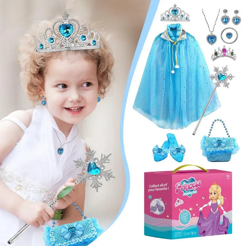 

Blue Princess Dress Up Set With Cloak Crown Bracelet Necklace Earrings Wand ring High Heels Party Costume Supplies Girls Favors