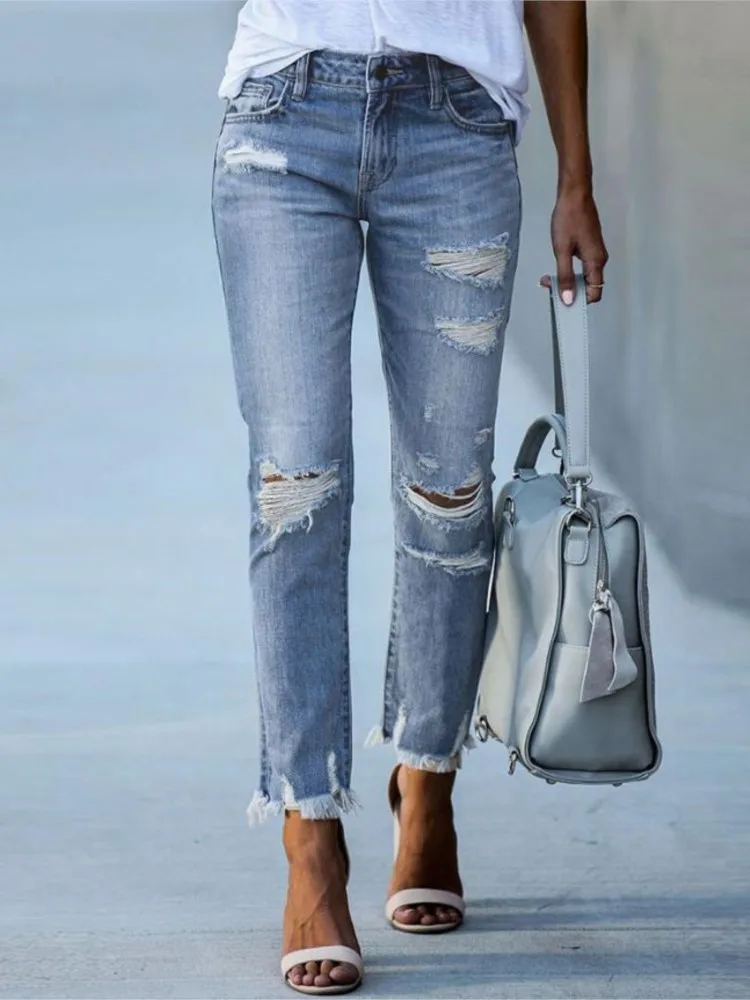 

High waist Jeans for Women 2023 Summer Fashion Daily Plain Zipper Fly Cutout Denim Pants Ripped Raw Hem Cutout Skinny Jeans