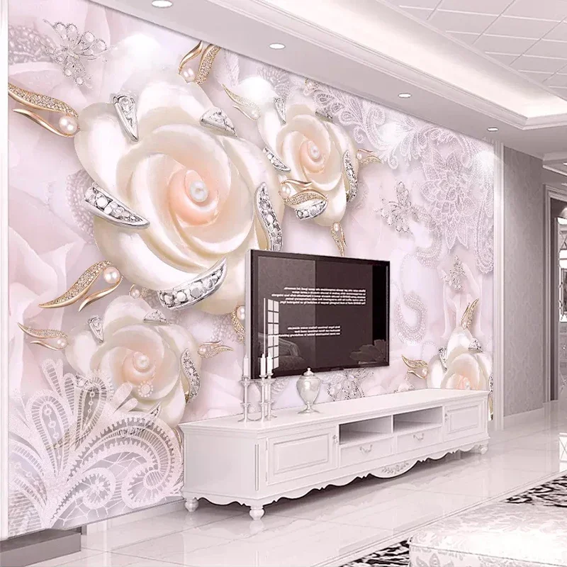 

Custom Photo Wallpaper Non-woven 3D Pink Flowers Jewelry Pearl Mural Living Room Bedroom TV Backdrop Wall Papers Home Decoration