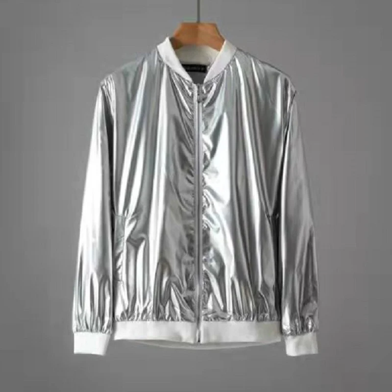 

Mens Shiny Silver Coated Metallic Zipper Jackets 2023 Brand Hip Hop Baseball Bomber Jacket Men Stage Singer Jacket Veste Homme
