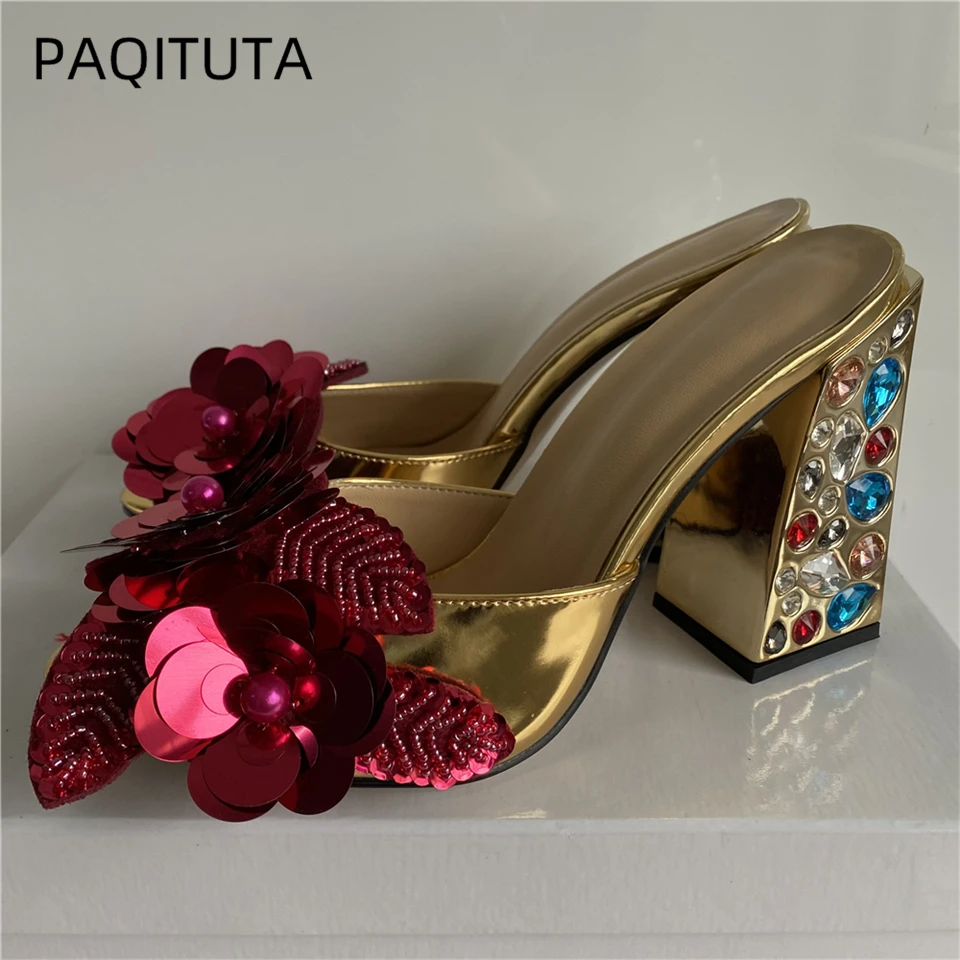 Luxury Bling Handmade Sequins Flower Sandals Women Colorful Diamond Rhinestone Square High Heel Summer Mules For Girls
Luxury Bling Handmade Sequins Flower Sandals Women Colorful Diamond Rhinestone Square High Heel Summer Mules For Girls