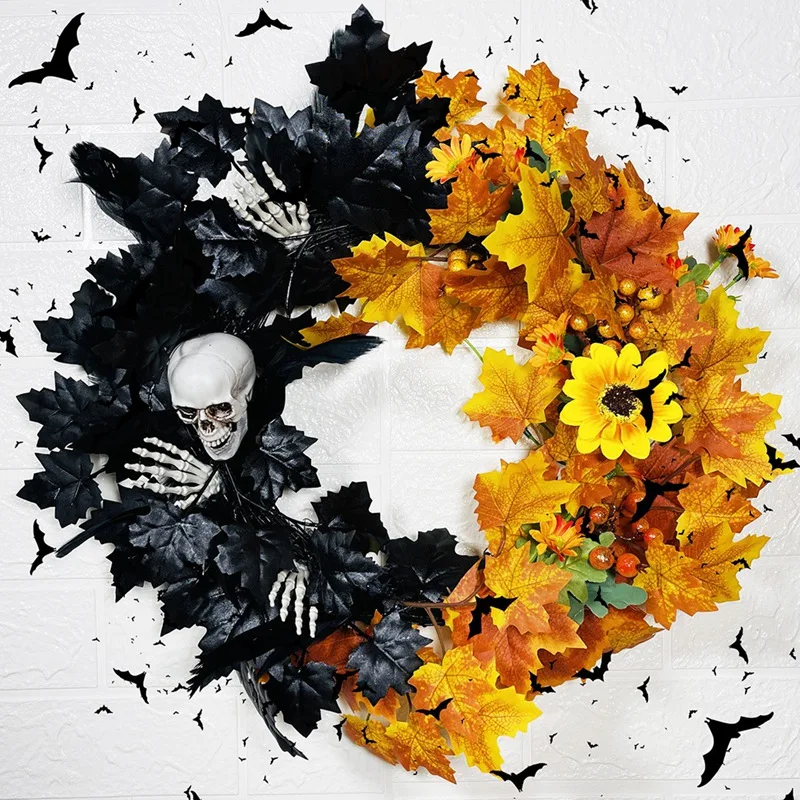 

1 шт. венки на Хэллоуин с черными летучими мышами и кленовыми листьями, как показано на входной двери, венок на Хэллоуин с черепом