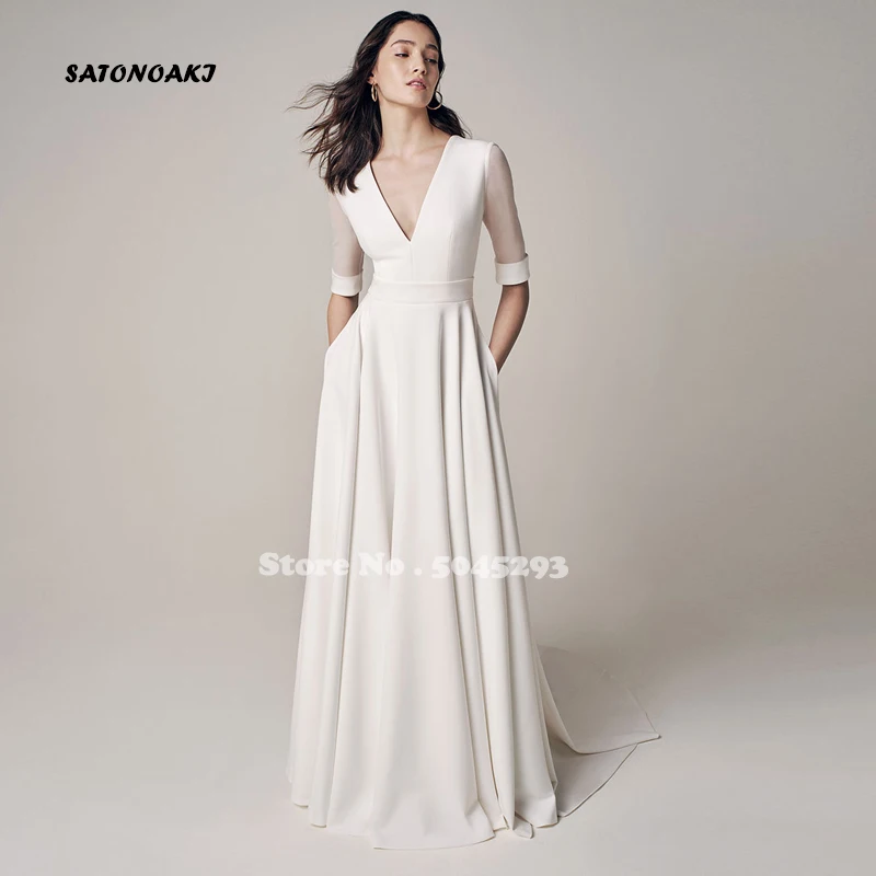 Vestidos De Novia Simple Satin Wedding Dress V-neck A-Line Half Sleeve Sweep Train Backless Bridal Gown With Pockets Robe Mariée
Vestidos De Novia Simple Satin Wedding Dress V-neck A-Line Half Sleeve Sweep Train Backless Bridal Gown With Pockets Robe Mariée