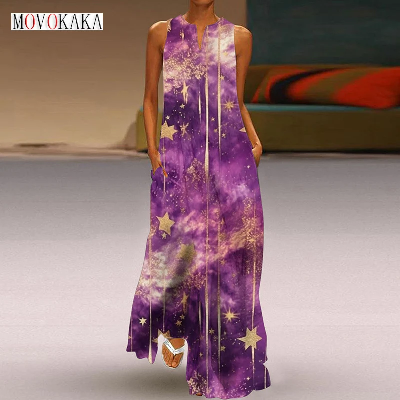

MOVOKAKA Ladies Spring Summer Purple Long Dress Sleeveless V-neck Stars Print Beach Dresses Elegant Casual Loose Boho Maxi Dress