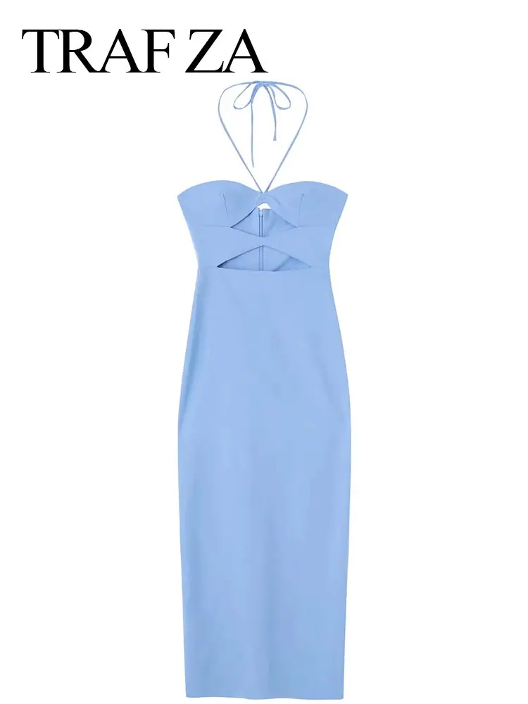 

TRAF ZA Elegant Slim Stretch Cotton Drawstring Halter Lady Dress Solid Color Chic Premium Cutout Sleeveless Women's Dress New