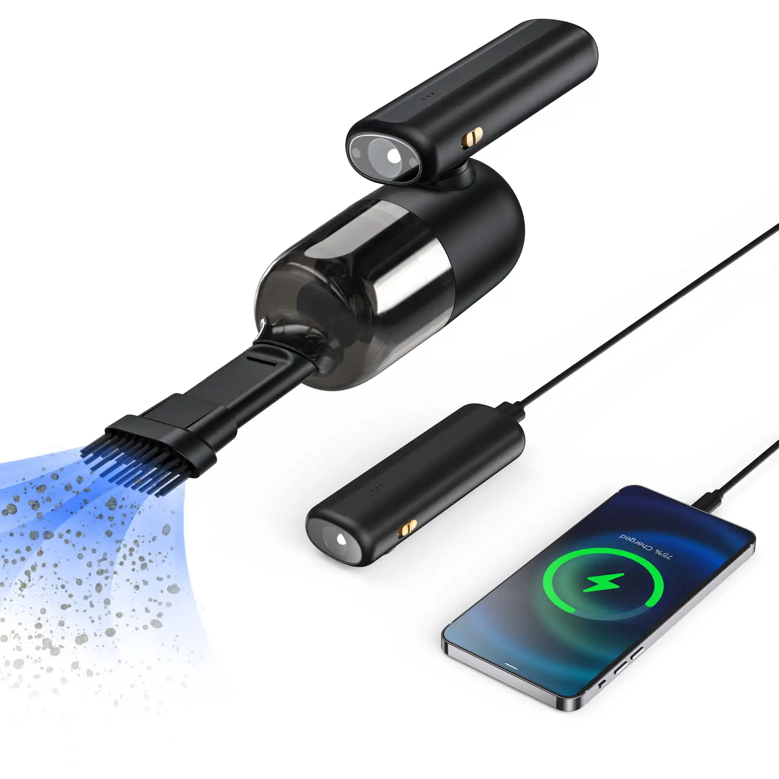 Compact Cordless Handheld Vacuum Cleaner for Car and Travel with 4000mAh Power Bank, LED Flashlight
Compact Cordless Handheld Vacuum Cleaner for Car and Travel with 4000mAh Power Bank, LED Flashlight
