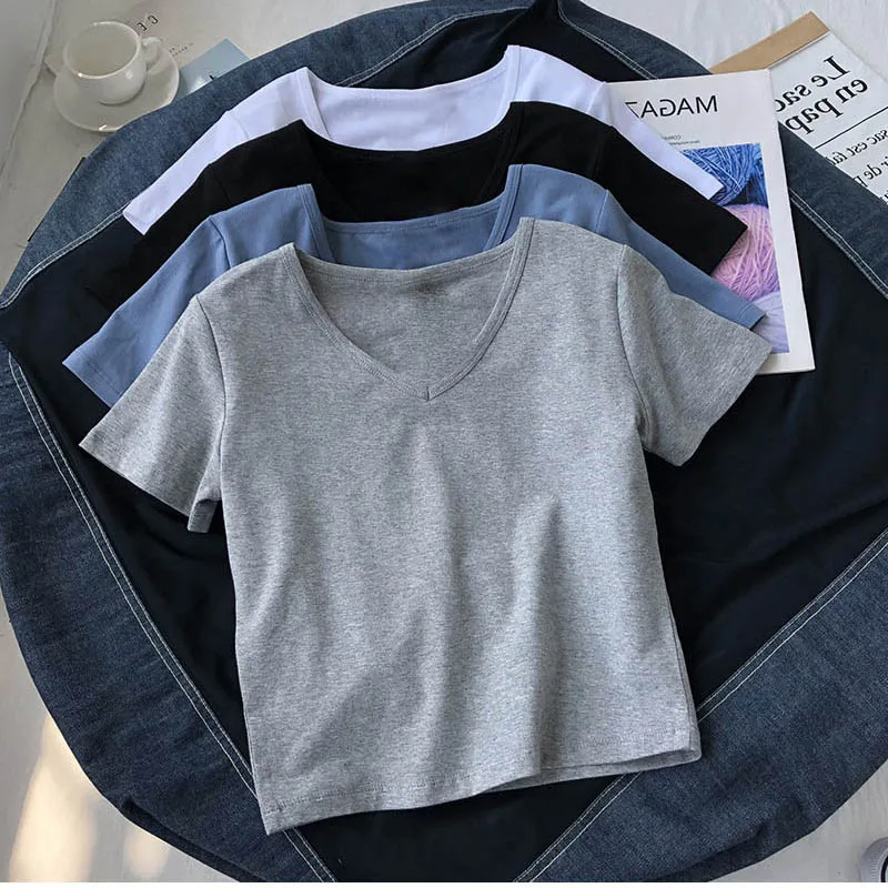 Harajuku Women's T-shirt Summer Solid Color T Shirt Short Sleeve T-shirts Y2k Casual V Neck Streetwear Tops Graphic Tees 2022
Harajuku Women's T-shirt Summer Solid Color T Shirt Short Sleeve T-shirts Y2k Casual V Neck Streetwear Tops Graphic Tees 2022