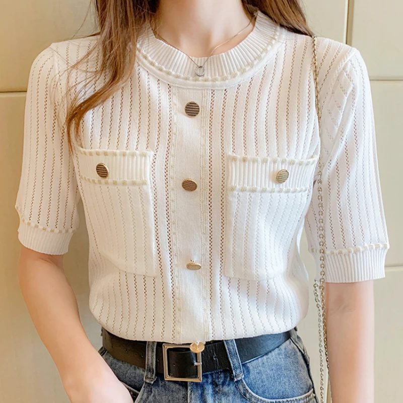 Sandro Rivers New Western-Style Round-Neck Ice Silk Pocket Knitted Short-Sleeved T-Shirt Women's Button Knitted Slim Top
Sandro Rivers New Western-Style Round-Neck Ice Silk Pocket Knitted Short-Sleeved T-Shirt Women's Button Knitted Slim Top