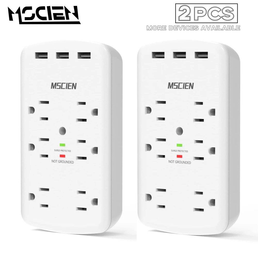 

MSCIEN 2 PCS US Plug Power Socket with 3 USB Ports 6 AC Outlets Home Wall Power Strip Expansion Safety Fast Charging Adapter