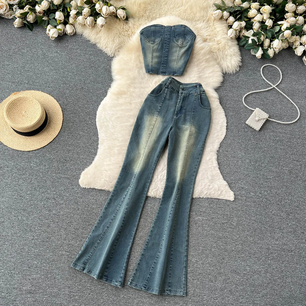 American Retro Spicy Girl Style Pure Desire Denim Crop Top and High Waist Flared Pants Two-Piece Set
American Retro Spicy Girl Style Pure Desire Denim Crop Top and High Waist Flared Pants Two-Piece Set