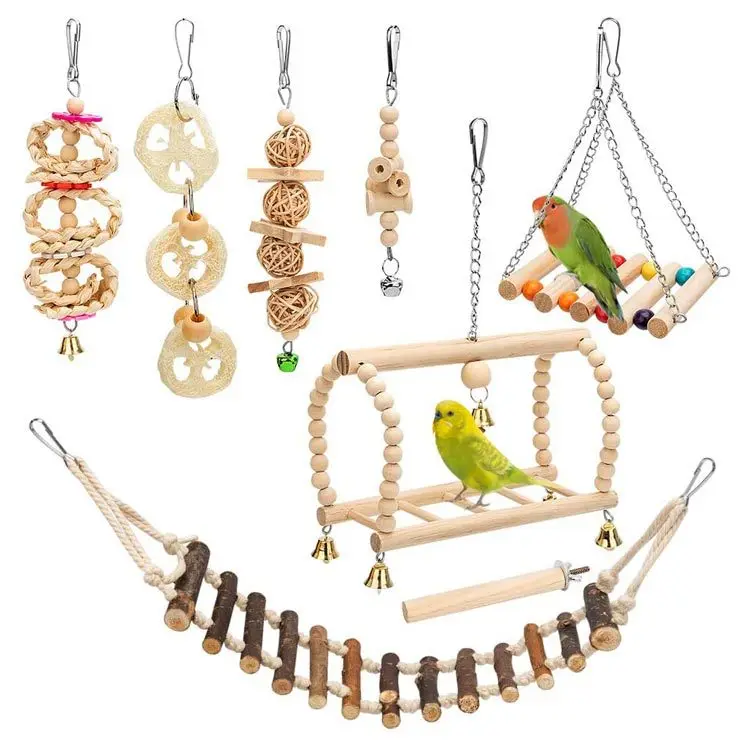 

Combination Bird Toys Set Swing Chewing gnaw Small Parrot Hanging Hammock Parrot Cage Bell Perch Toys with Ladder Toys 8pcs