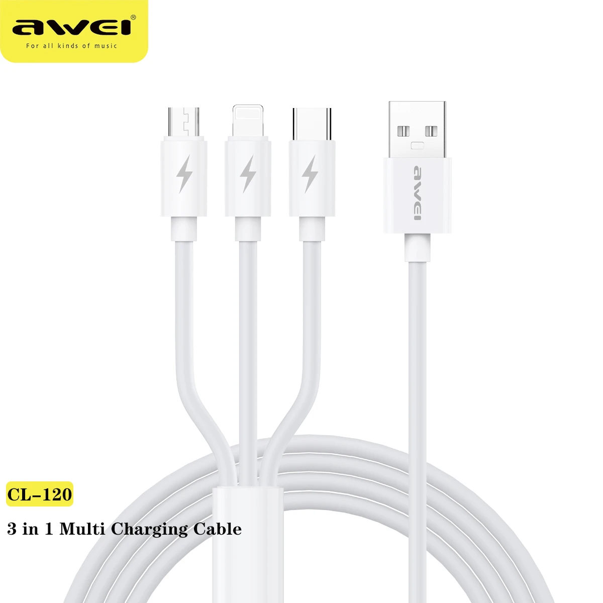 

Awei CL-120 3 in 1 Fast Charging Cable Type C 2A USB Extension Lightning Date Cable For Mobile Phone Cables