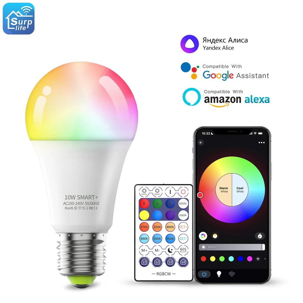 10W Wifi LED Lights Bulb Smart Lamp APP Voice Remote Control with Google Assistant Alexa Yandex 220V Dimmable lighting For Home
10W Wifi LED Lights Bulb Smart Lamp APP Voice Remote Control with Google Assistant Alexa Yandex 220V Dimmable lighting For Home