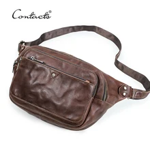 CONTACTS Genuine Leather Mens Waist Bag Luxury Designer Casual Fanny Pack Belt Bag Phone Pouch Male Crossbody Chest Bag