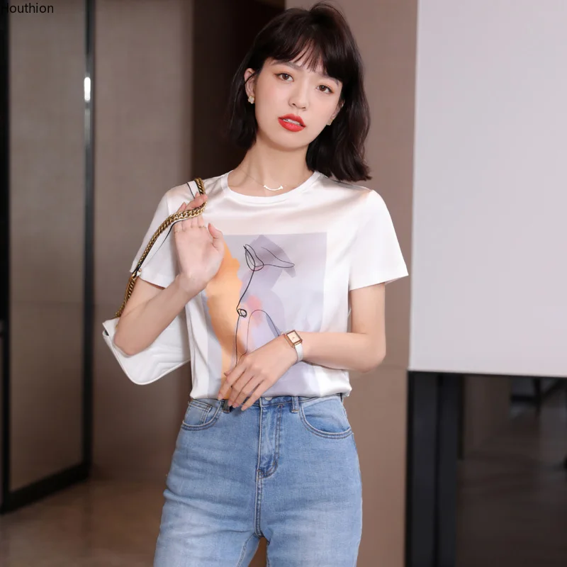 Satin Women's T-shirt Printing O-neck Fashion Casual Tees Loose Female Clothes Short Sleeve Top Elegant T Sshirt
Satin Women's T-shirt Printing O-neck Fashion Casual Tees Loose Female Clothes Short Sleeve Top Elegant T Sshirt