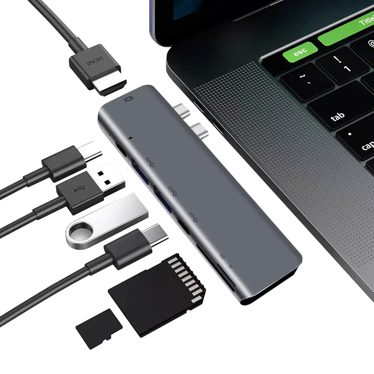 7 in 1 USB C Hub with 4K HD 2 USB 3.0 SD/Micro SD Card Reader Multiport Adapter Replacement for MacBook Pro
7 in 1 USB C Hub with 4K HD 2 USB 3.0 SD/Micro SD Card Reader Multiport Adapter Replacement for MacBook Pro