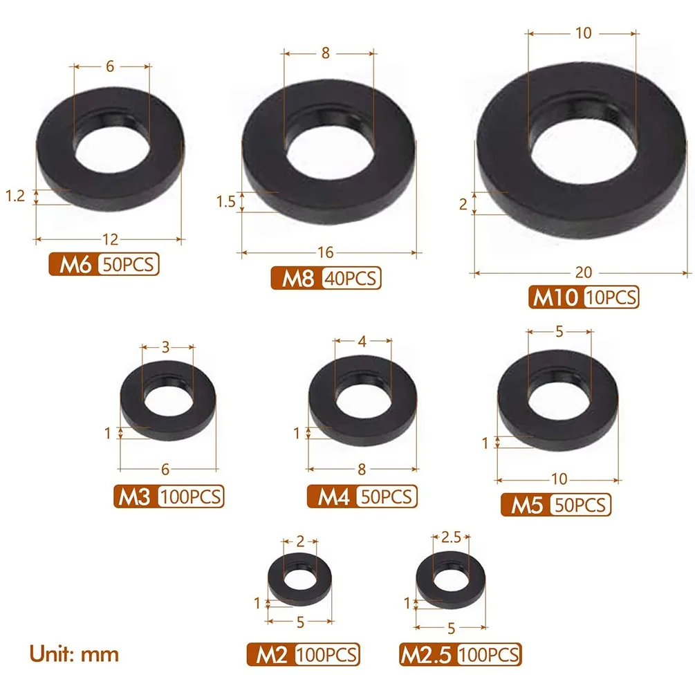 500Pcs Nylon Flat Washers Thick Sealing Black Plastic Washers Form M2-M10 Household Electrical Connection Tools
500Pcs Nylon Flat Washers Thick Sealing Black Plastic Washers Form M2-M10 Household Electrical Connection Tools