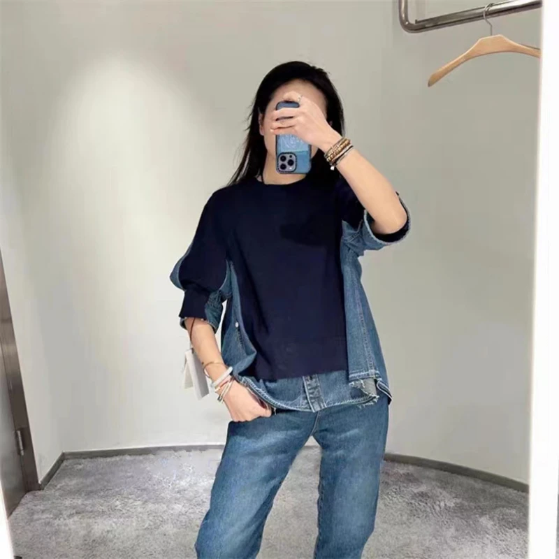 2023 Spring New Pullover All-match Sweater Top Denim Splicing Short-sleeved Sweater Women
2023 Spring New Pullover All-match Sweater Top Denim Splicing Short-sleeved Sweater Women