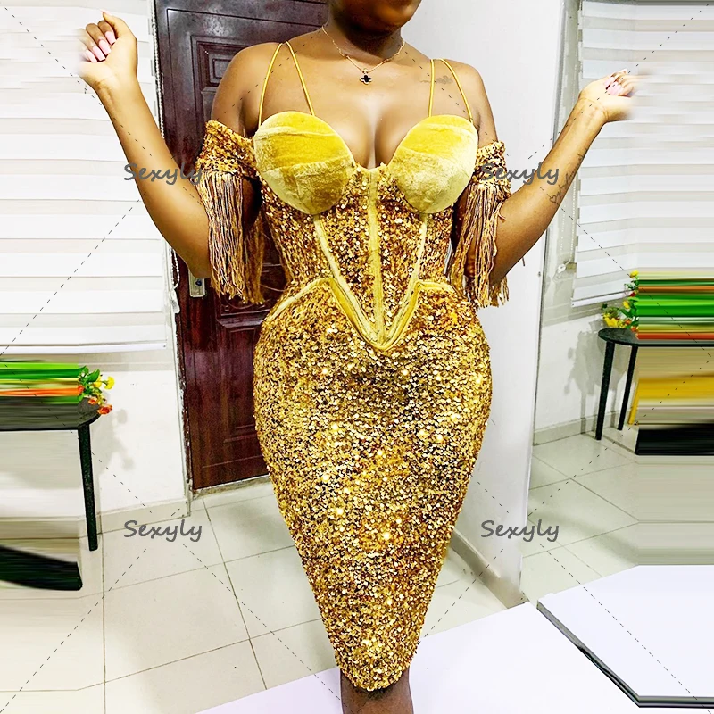 Gold Aso Ebi Evening Dress Sequin Sexy Knee Length Mermaid Short African Prom Dresses Black Girls Corset Cocktail Party Gown
Gold Aso Ebi Evening Dress Sequin Sexy Knee Length Mermaid Short African Prom Dresses Black Girls Corset Cocktail Party Gown