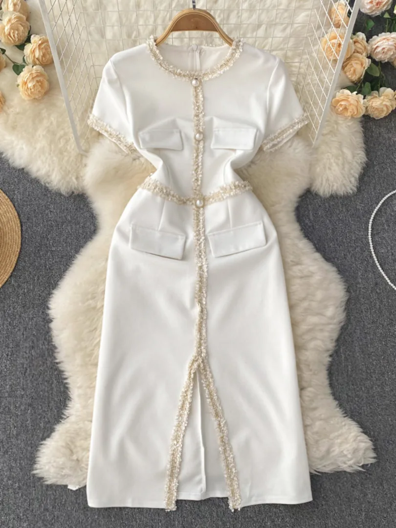 Korean Chic Women White Dress 2022 Summer O-neck Short Sleeve Elegant Dress Slim Empire Front Slit Knee Length Work Office Dress
Korean Chic Women White Dress 2022 Summer O-neck Short Sleeve Elegant Dress Slim Empire Front Slit Knee Length Work Office Dress