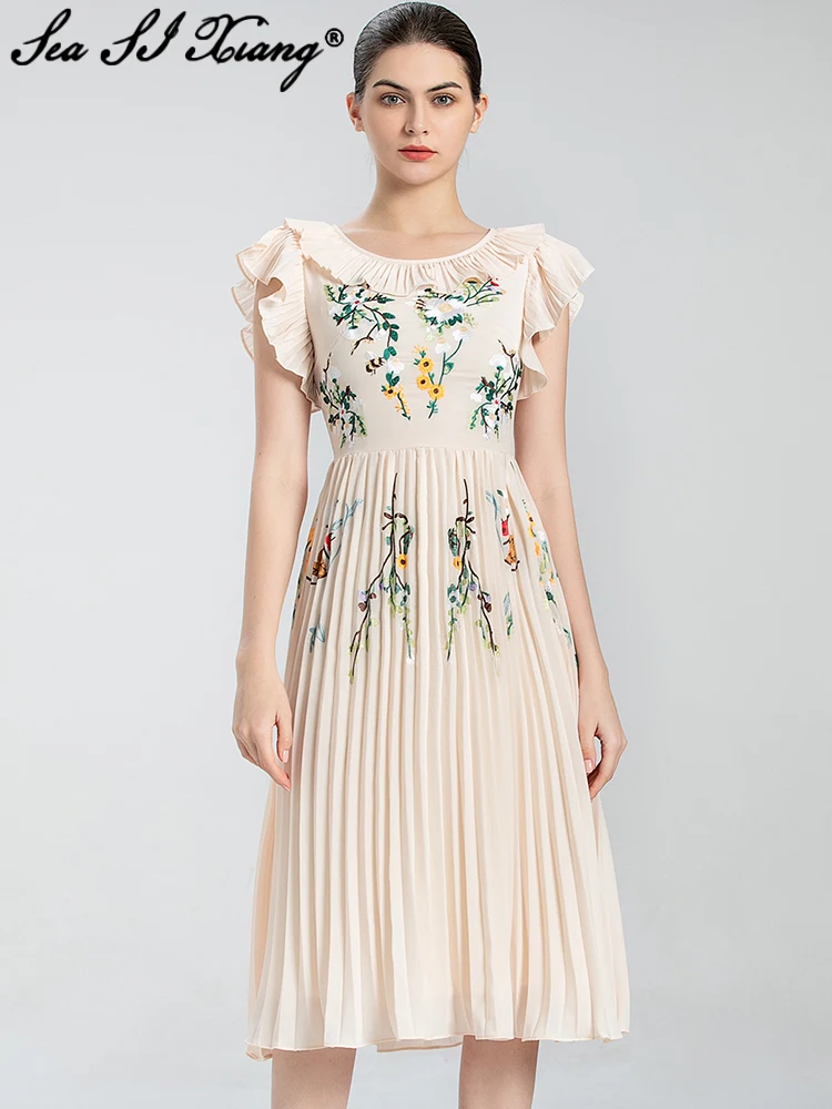 Seasixiang Flower Embroidery Vintage Party Midi Dress Women O-Neck Butterfly Sleeve High waist Dress Fashion Designer Summer New
Seasixiang Flower Embroidery Vintage Party Midi Dress Women O-Neck Butterfly Sleeve High waist Dress Fashion Designer Summer New