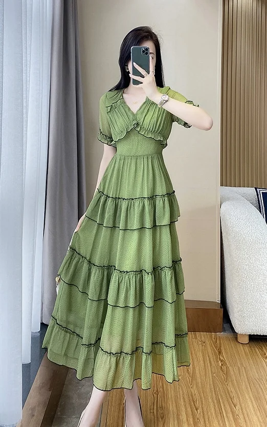 

2023 Spring/Summer Fashion New Women's Clothing Flounce Splicing Polka Dot Dress 0801