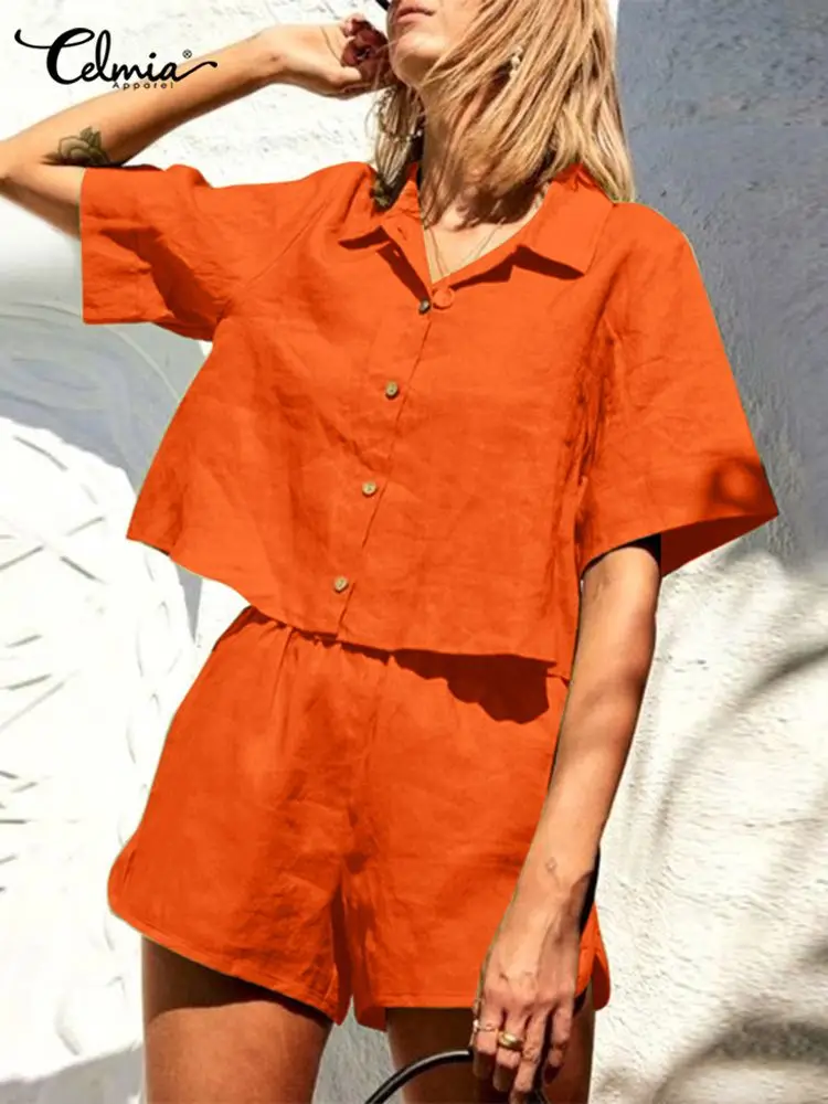 Celmia 2022 Fashion Casual Matching Set Half Sleeve Tops and Elastic Waisted Short Women Solid Lapel 2pcs Short Sets Summer Suit 
Celmia 2022 Fashion Casual Matching Set Half Sleeve Tops and Elastic Waisted Short Women Solid Lapel 2pcs Short Sets Summer Suit