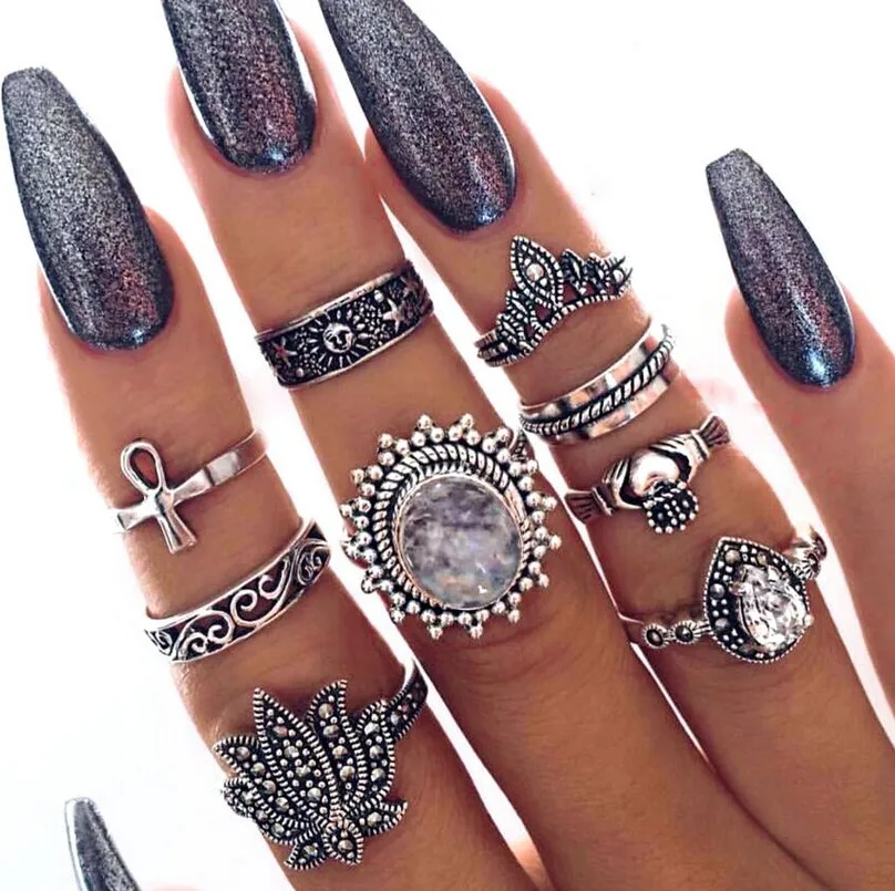 

New In Rings For Women Knuckle Ring Vintage Ethnic Style Exaggerated Gemstone Combination 9-piece Set Personality Fashion yc