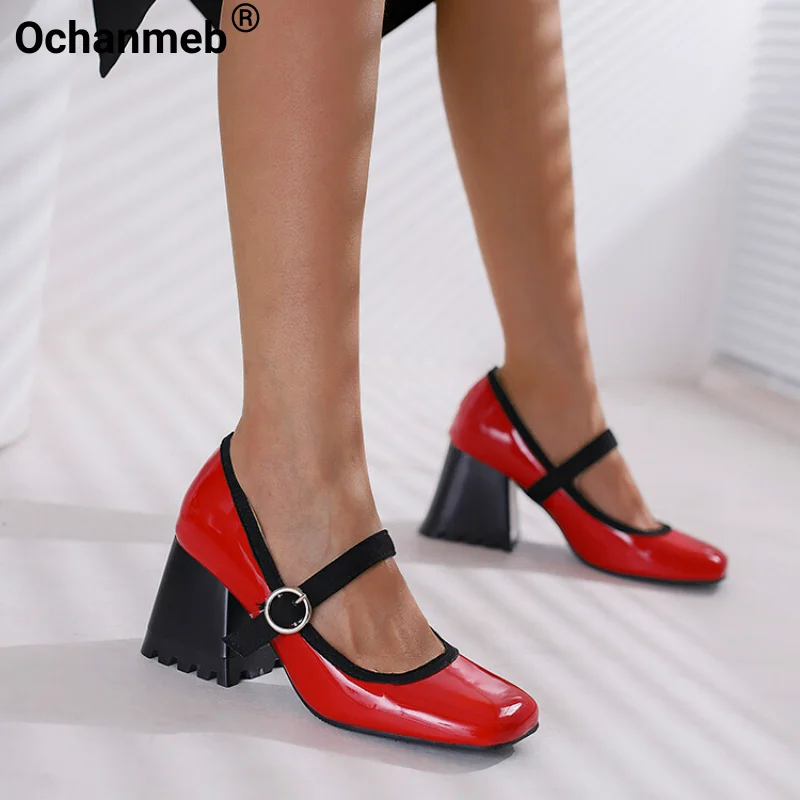 

Женские лакированные туфли-лодочки Ochanmeb из искусственной кожи на высоком массивном каблуке, туфли мэри джейн с пряжкой, туфли на блочном каблуке с квадратным носком, Женская фотообувь 30-48