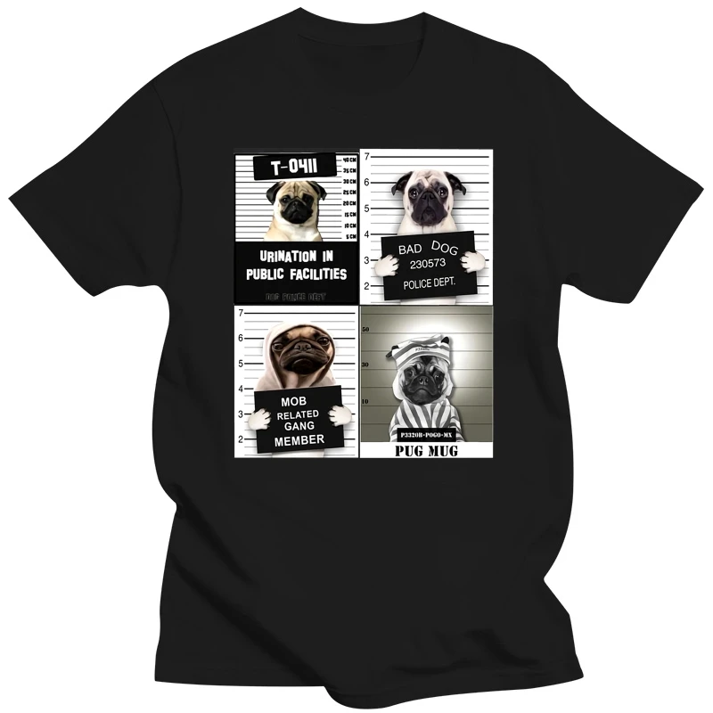 

Men's white short sleeve t-shirt Criminal Pugs Mugshot Guilty Dog Men T Shirt Animal Funny Birthday Present Men Cotton T Shirt