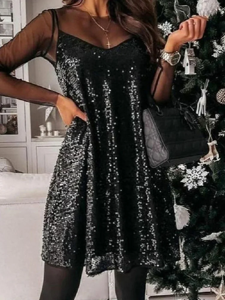 2022 Elegant Black Sequin Party Dress Women Fashion V-Neck Mesh Sleeve Design Mini Dress Female Casual Chic Mujers Dress Vestido
2022 Elegant Black Sequin Party Dress Women Fashion V-Neck Mesh Sleeve Design Mini Dress Female Casual Chic Mujers Dress Vestido