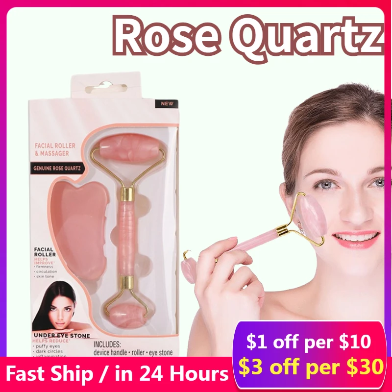 

Rose Quartz 2 in 1 Roller Gua Sha Tools Set Natural Jade Scraper Massager Stones for Face Neck Back and Jawline Beauty Care
