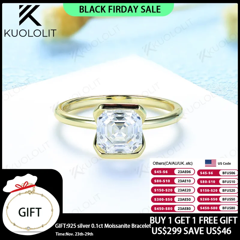 

Kuolit 2CT Asscher Cut Кольца с муассанитом для женщин, однотонный, 18 к 14 к 10 к, 925 серебро, желтое золото, юбилейная Свадьба Помолвка