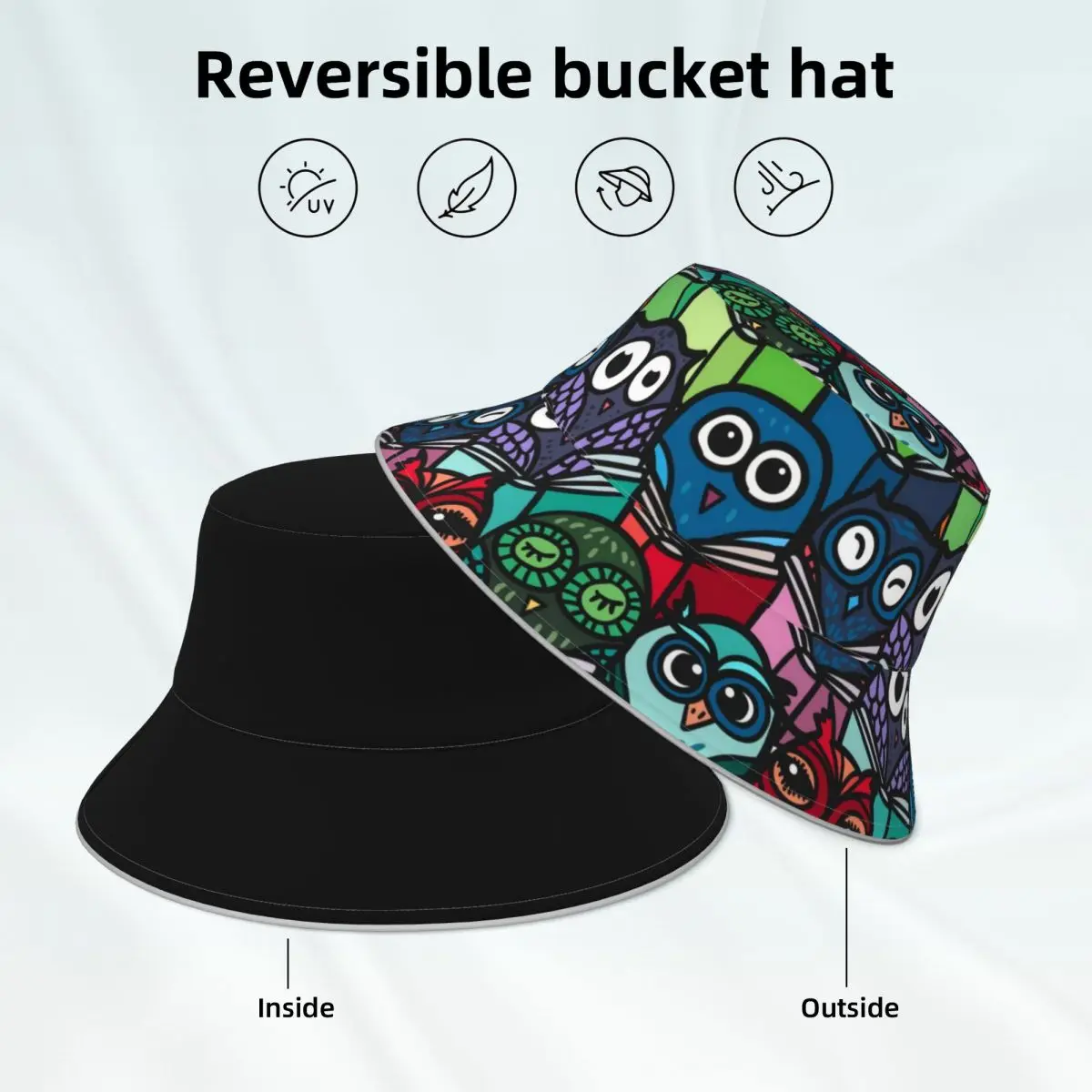 

Cute Owl Print Reflective Bucket Hat Colorful Animal Reversible Hiking Fisherman Hats Fun Men Women Sun Hat