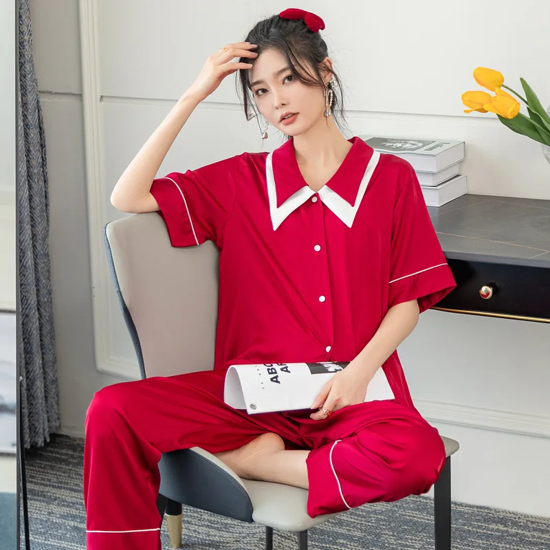 Sexy Solid Color Splicing Pajama Set Sleepwear Nightwear Loose Doll Collar Sleepwear Ice Silk Short Sleeve Home Clothing Pyjamas
Sexy Solid Color Splicing Pajama Set Sleepwear Nightwear Loose Doll Collar Sleepwear Ice Silk Short Sleeve Home Clothing Pyjamas