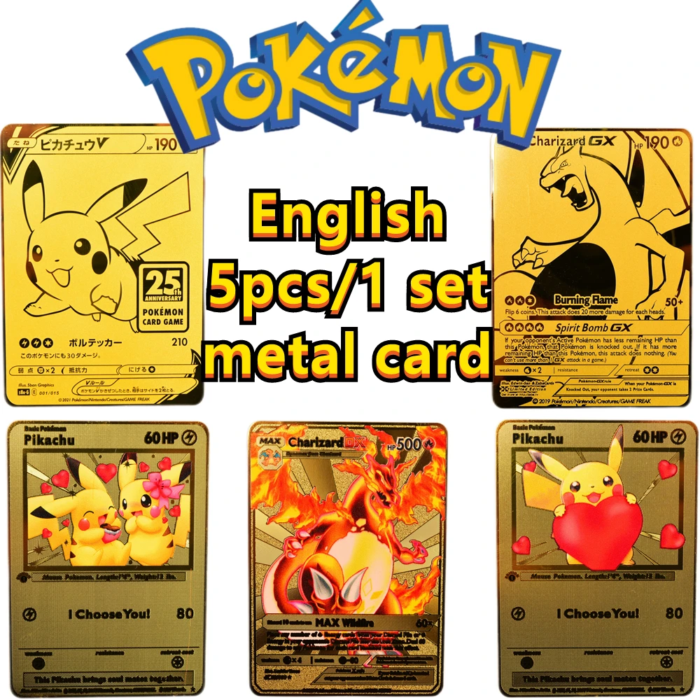 

Newest Pokemon 5 Sheets/1 Set Metal Collectible Cards Anime, Gifts, Toys, Charizard, Pikachu, GX, V, VMAX, EX.