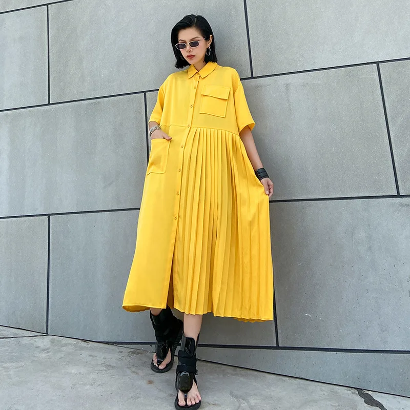 Summer Short Sleeve Woman Dress Pleated Casual Vestido Yellow Fashion Korean Woman Dress
Summer Short Sleeve Woman Dress Pleated Casual Vestido Yellow Fashion Korean Woman Dress