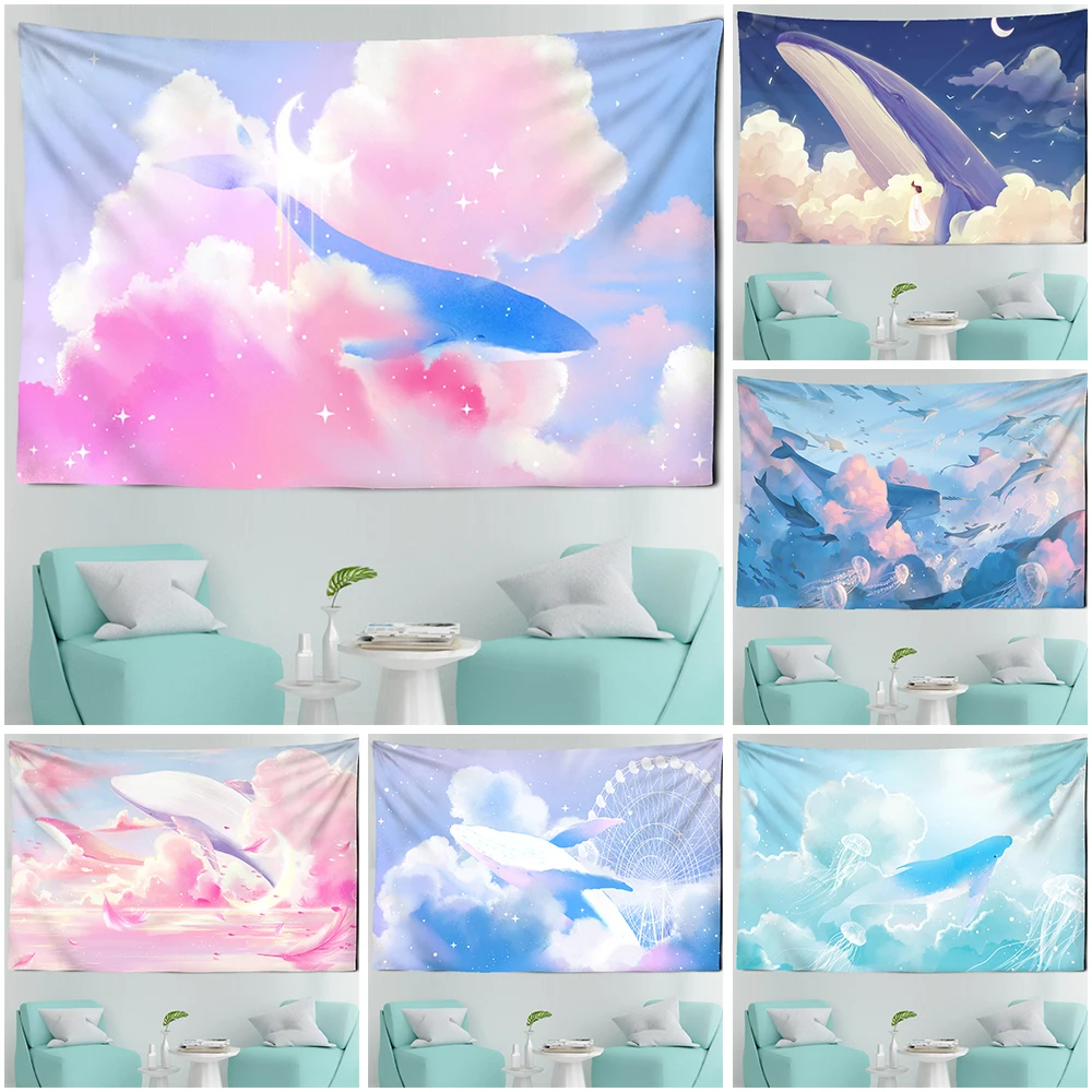 

Cartoon Comics The Sky Dolphin Tapestry Wall Hanging Pink Purple Cloud Tapestries Bedroom Wall Decor Kawaii Room Decor