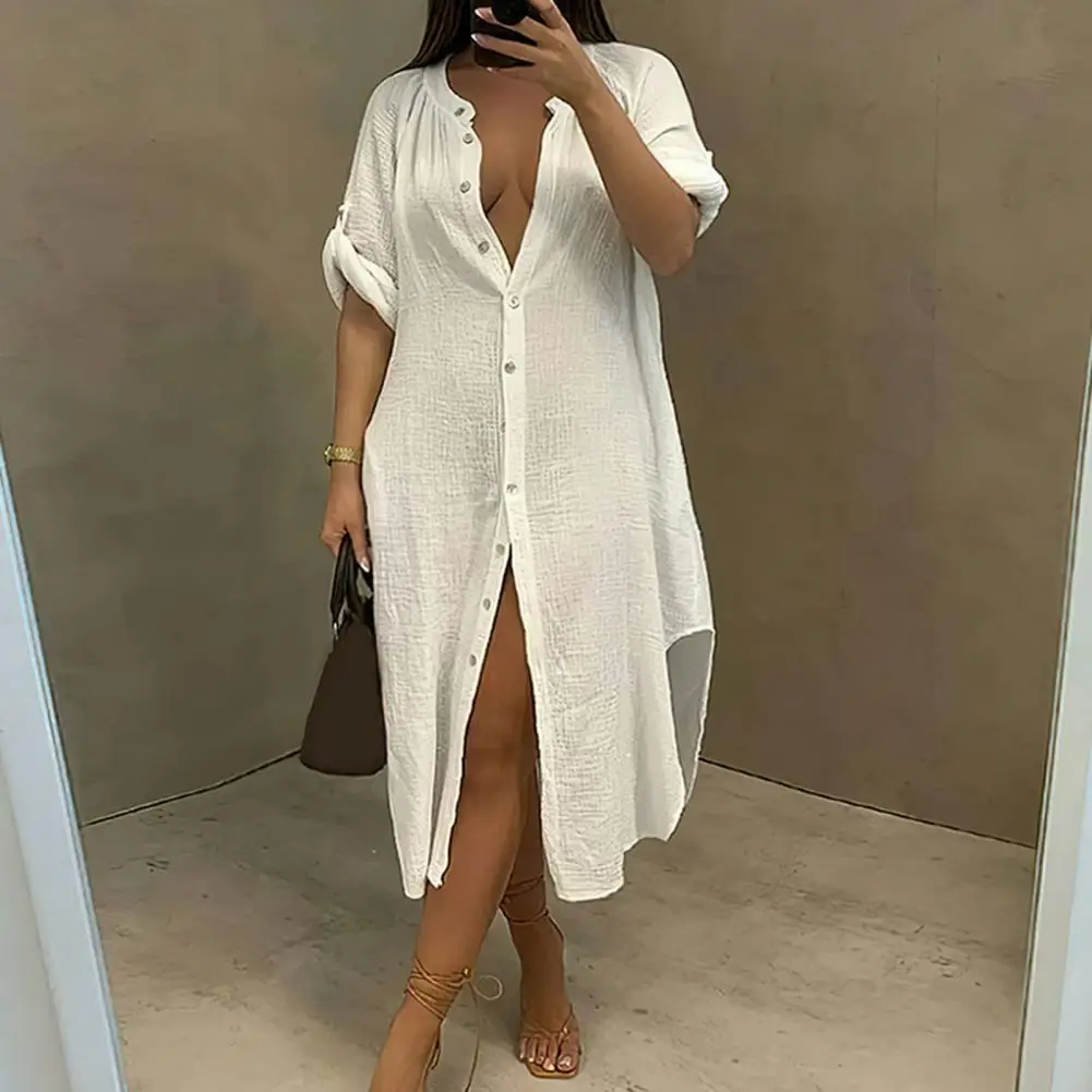Women Long Shirt Dress Stand Collar Long Sleeve Single-breasted Irregular Hem Solid Color Bohemian Beach Midi Dress Vestidos
Women Long Shirt Dress Stand Collar Long Sleeve Single-breasted Irregular Hem Solid Color Bohemian Beach Midi Dress Vestidos