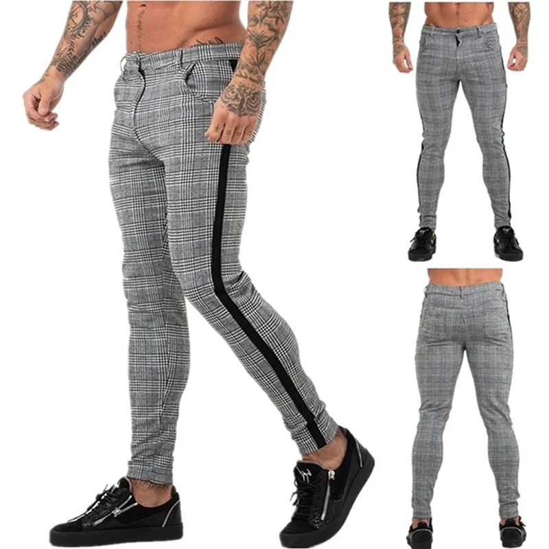 

Casual Mens Chinos Cotton Slim Fit Men Pants Trousers Skinny Chinos Pants Grey Ankle Length Streetwear Plaid Side Stripe Pants