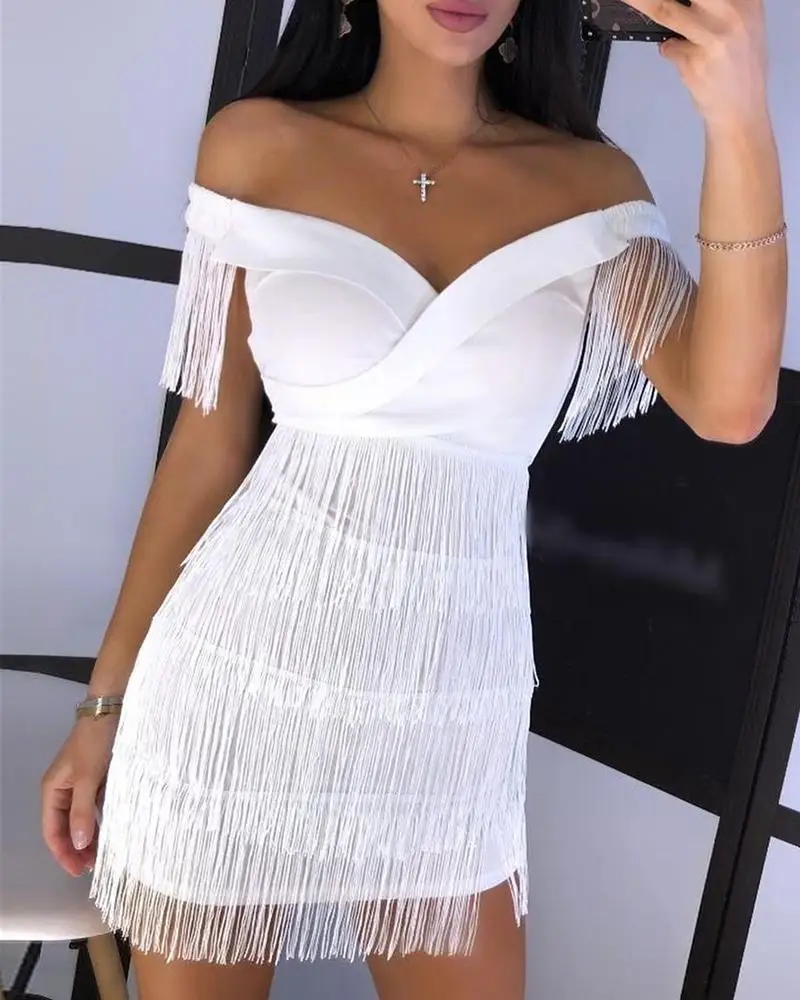 

Женское вечернее платье с бахромой, белое модельное платье с коротким рукавом и кисточками в стиле Звезд, для клуба, для лета, 2019